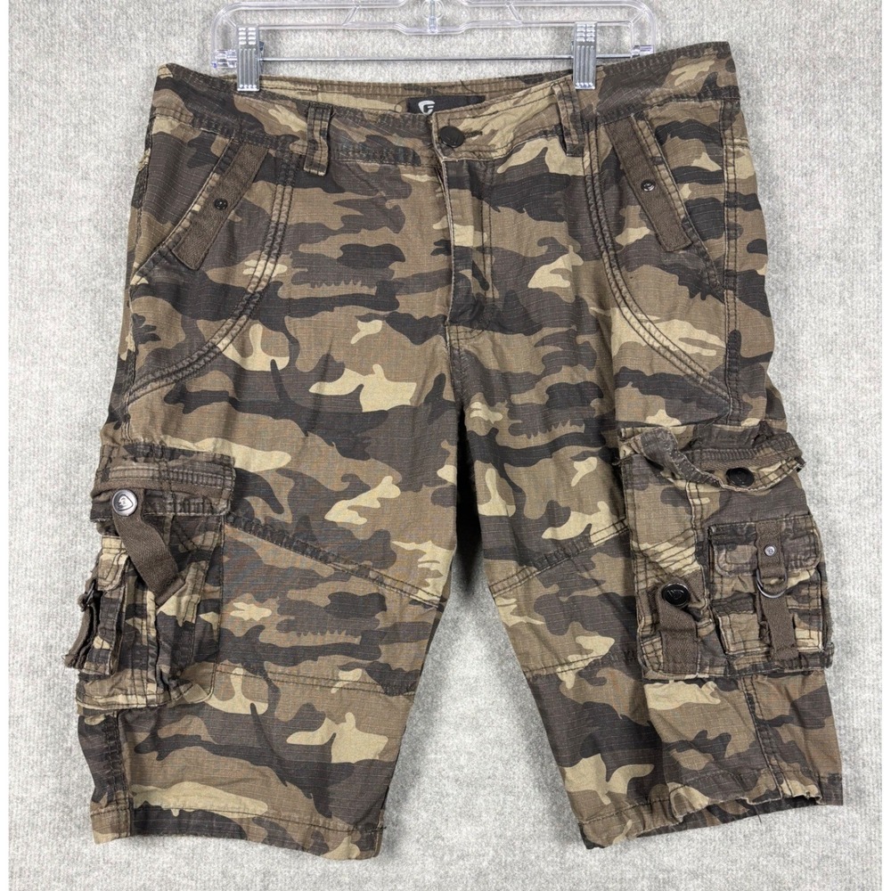 Fried Denim Cargo Shorts Camouflage Ripstop Multi-Pocket Size 34 Green Brown